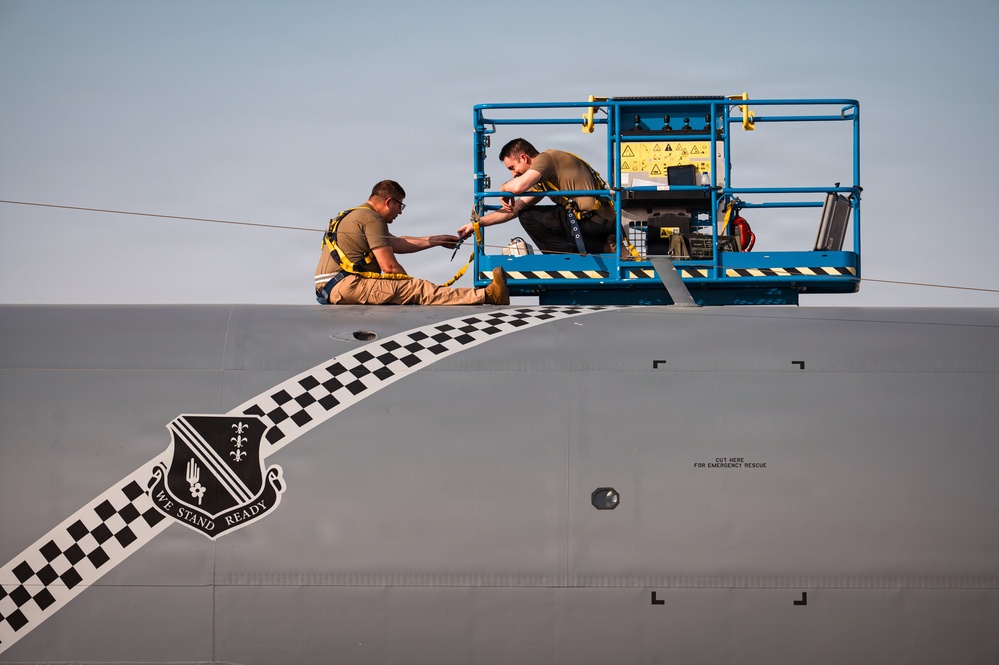 Air Force Maintainers conduct KC-135 post-flight inspection