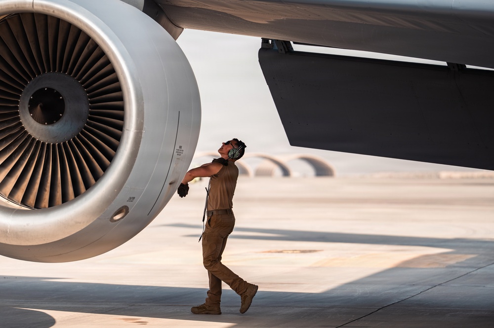 Air Force Maintainers conduct KC-135 post-flight inspection