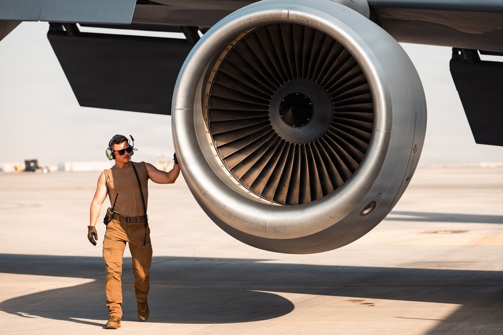 Air Force Maintainers conduct KC-135 post-flight inspection