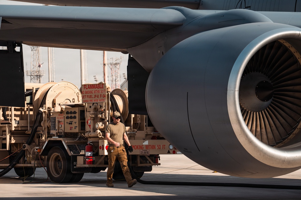 Air Force Maintainers conduct KC-135 post-flight inspection