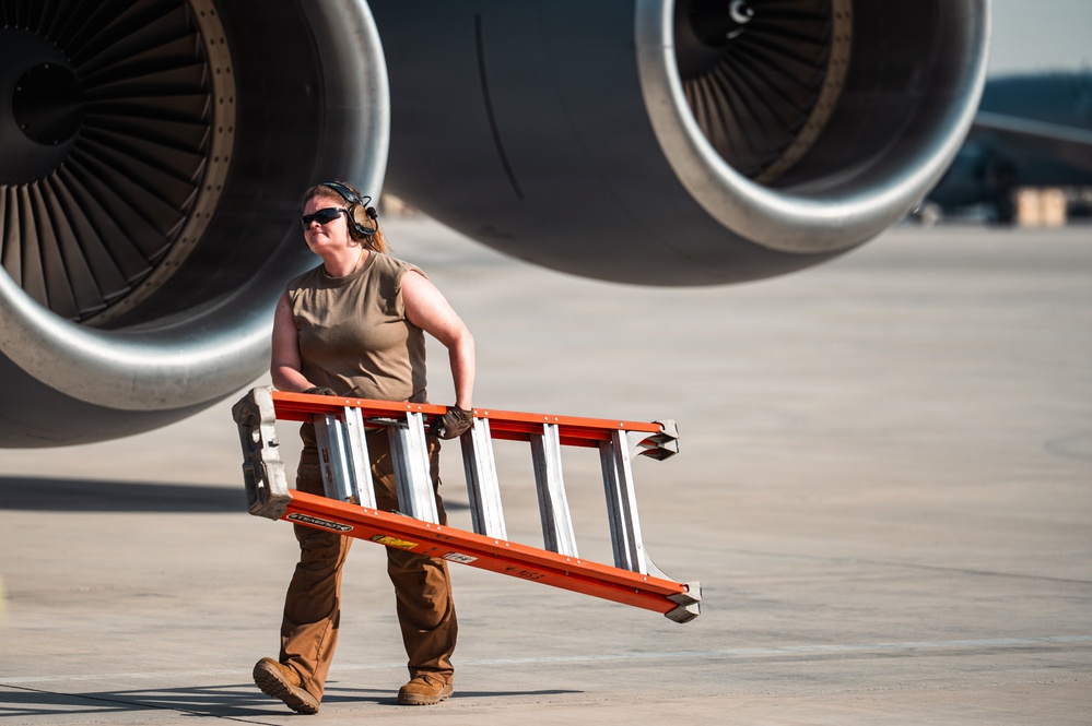 Air Force Maintainers conduct KC-135 post-flight inspection