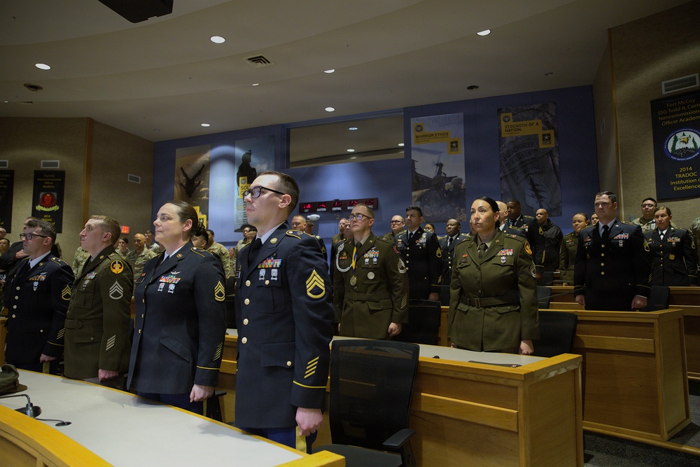 U.S. Army Reserve Soldiers stand in formation during the 79V ARCC Course