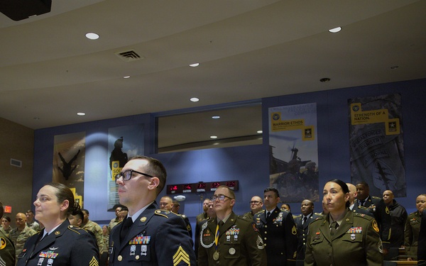 U.S. Army Reserve Soldiers stand in formation during the 79V ARCC Course