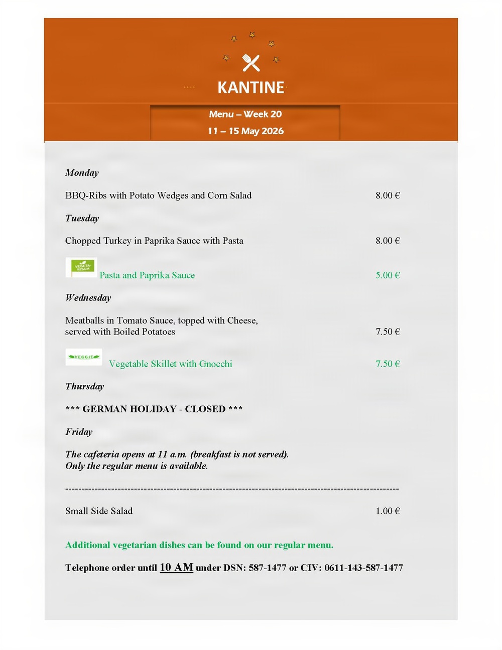 Kantine menu - May 11-15, 2026
