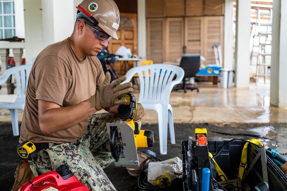 NMCB 1 Sailors conduct roof restoration operations in Saipan following Super Typhoon Sinlaku