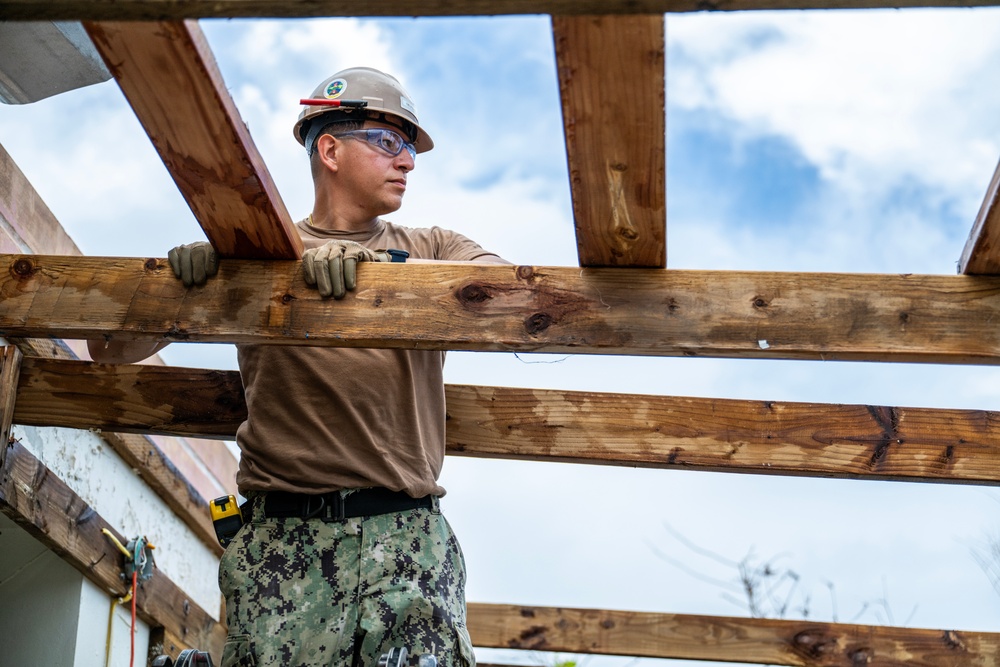 NMCB 1 Sailors conduct roof restoration operations in Saipan following Super Typhoon Sinlaku