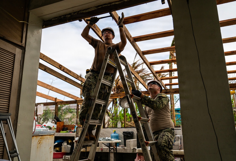NMCB 1 Sailors conduct roof restoration operations in Saipan following Super Typhoon Sinlaku