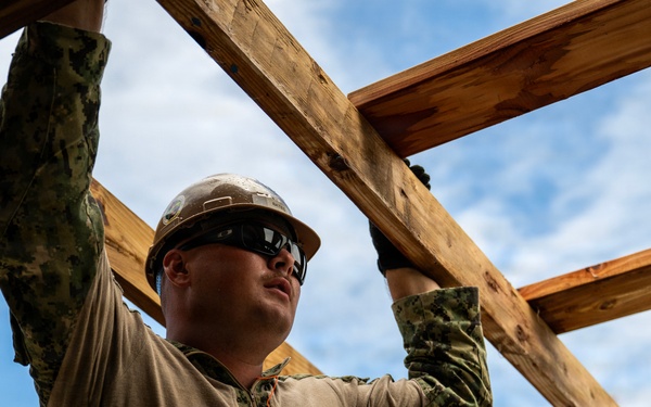 NMCB 1 Sailors conduct roof restoration operations in Saipan following Super Typhoon Sinlaku