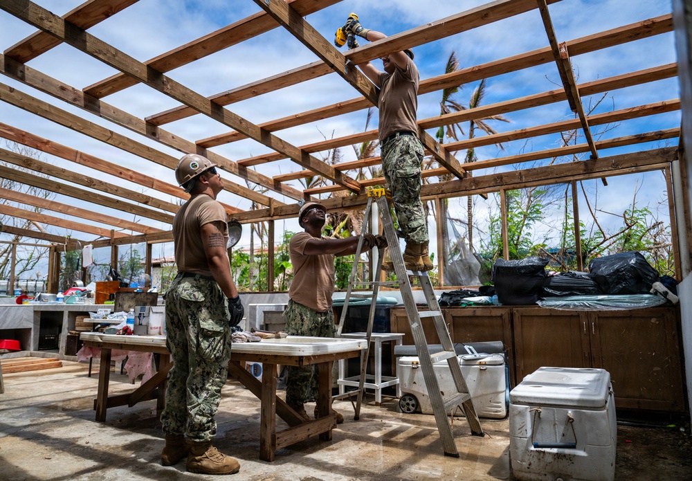NMCB 1 Sailors conduct roof restoration operations in Saipan following Super Typhoon Sinlaku