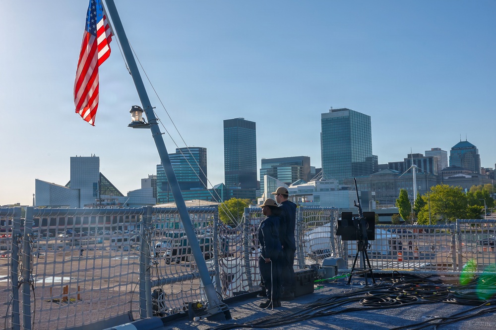 Scouts attend future USS Cleveland morning colors during commissioning week