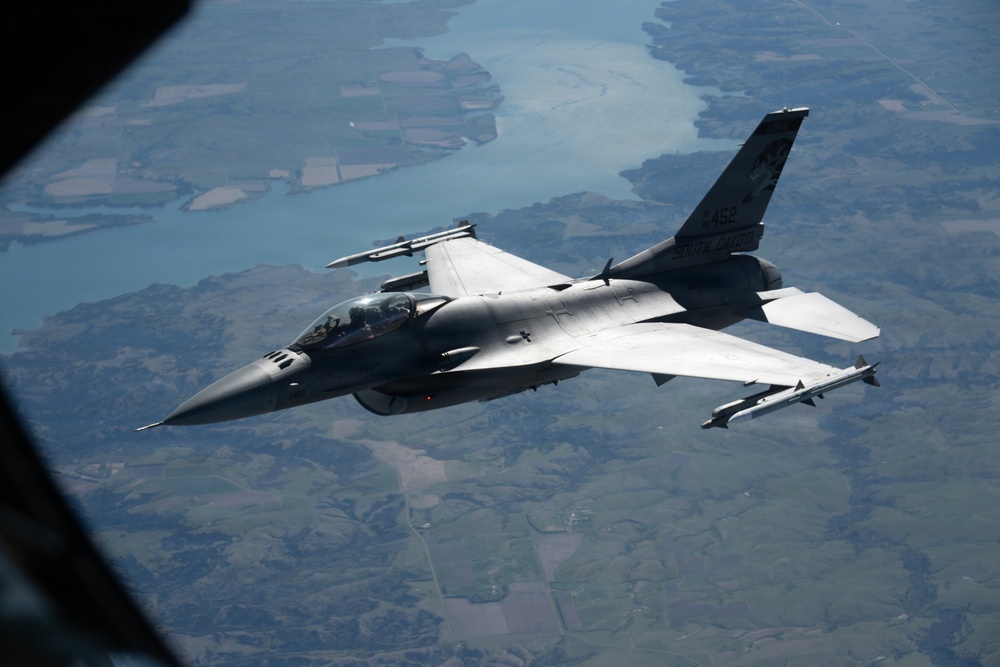 F-16 departs after aerial refueling
