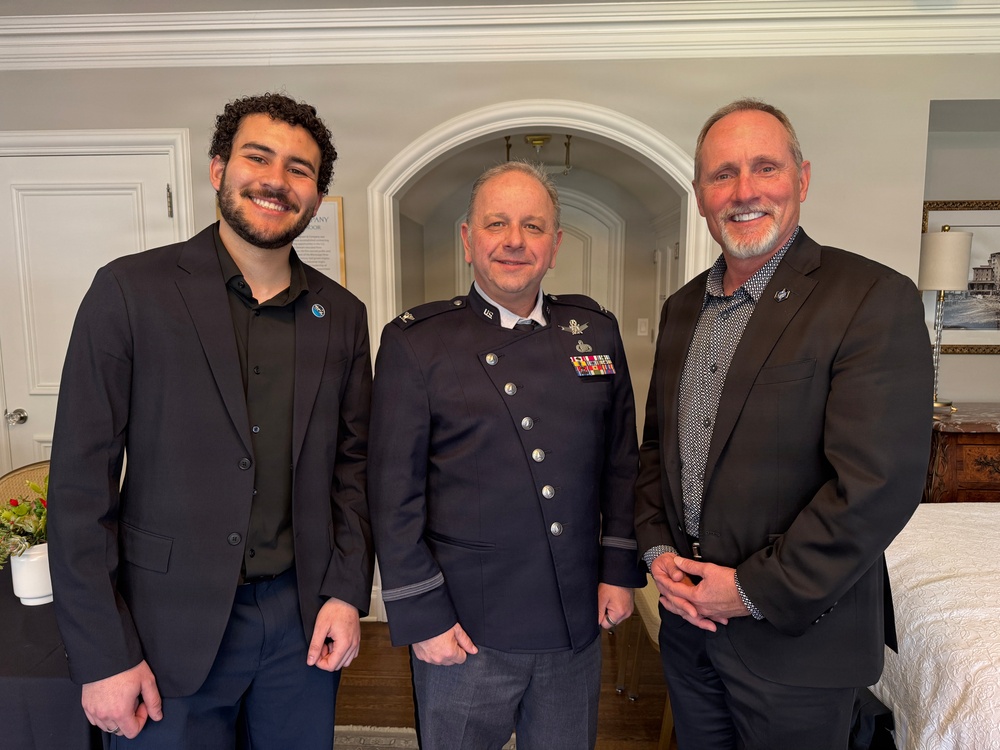 Space Force Association’s Ty Holliday, Col. Jon Strizzi, and SFA Founder Col. Bill “Hippie” Wolfe prepare for a SFA podcast during Space Symposium