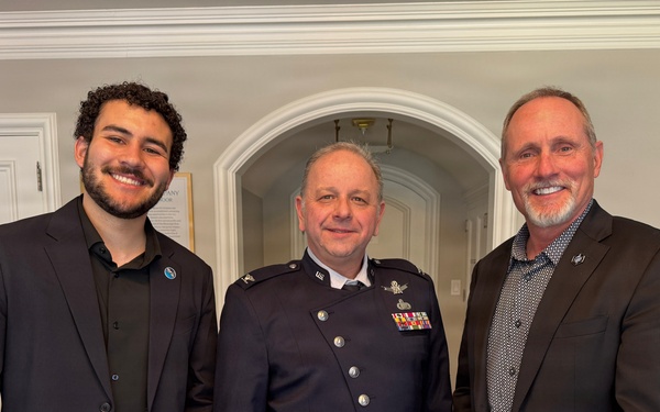 Space Force Association’s Ty Holliday, Col. Jon Strizzi, and SFA Founder Col. Bill “Hippie” Wolfe prepare for a SFA podcast during Space Symposium