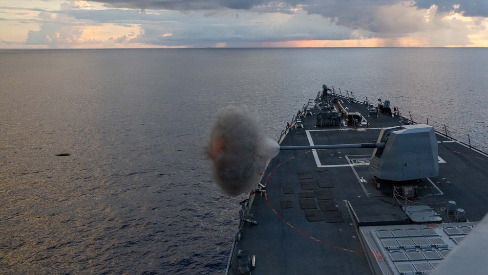 USS Mustin conducts a "killer tomato" inflatable surface target live-fire exercise