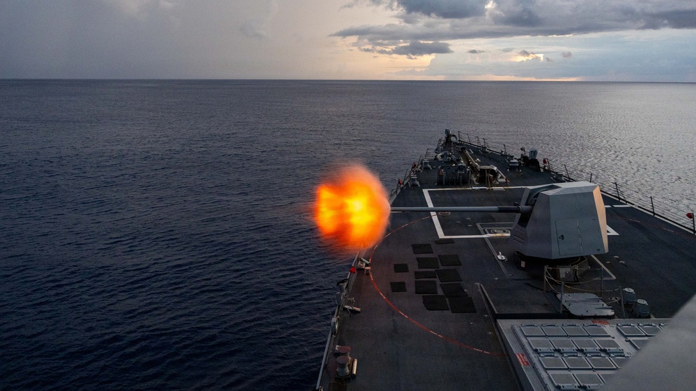 USS Mustin conducts a "killer tomato" inflatable surface target live-fire exercise