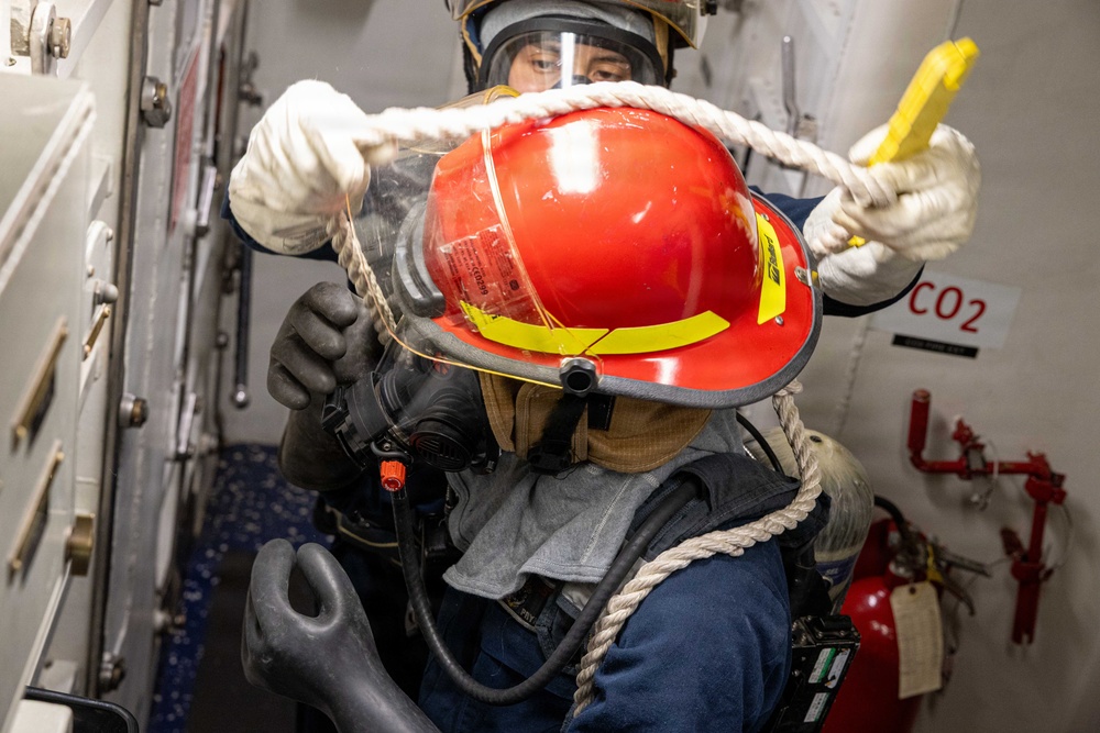 USS Mustin conducts a general quarters drill