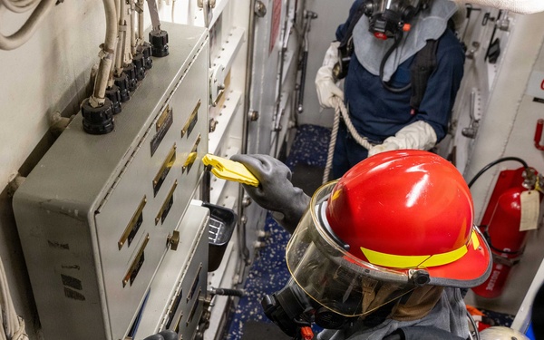 USS Mustin conducts a general quarters drill