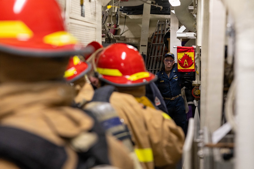 USS Mustin conducts a general quarters drill