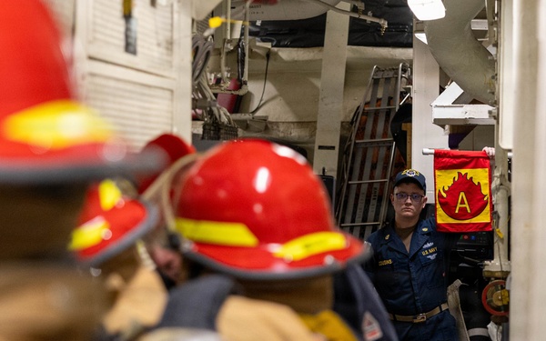 USS Mustin conducts a general quarters drill