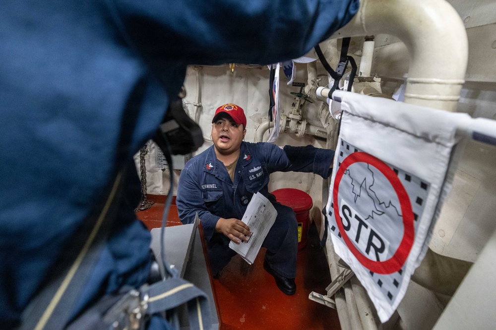 USS Mustin conducts a general quarters drill
