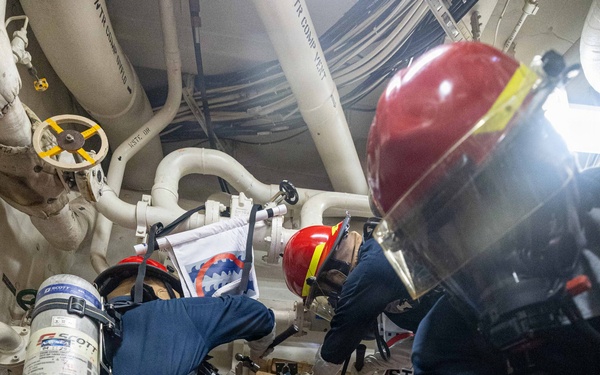 USS Mustin conducts a general quarters drill