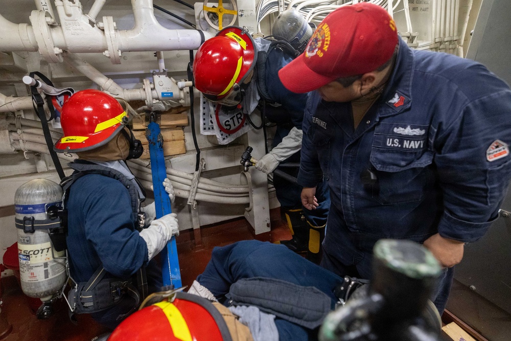 USS Mustin conducts a general quarters drill