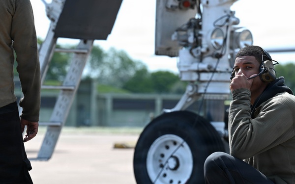 Lancer Bomber lifts off for conditioning flight