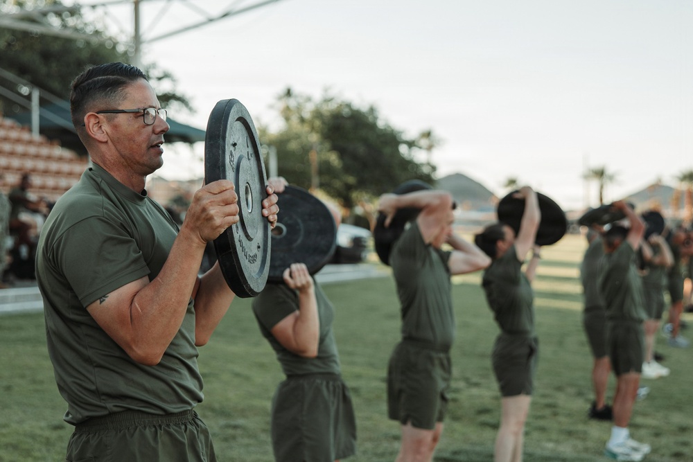 Sgt. Maj. Carlos A. Ruiz conducts physical training aboard MCAGCC