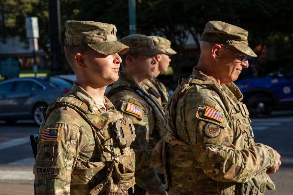 Tennessee National Guard Soldiers assigned to the Memphis Safe Task Force conduct a safety patrol of Beale Street