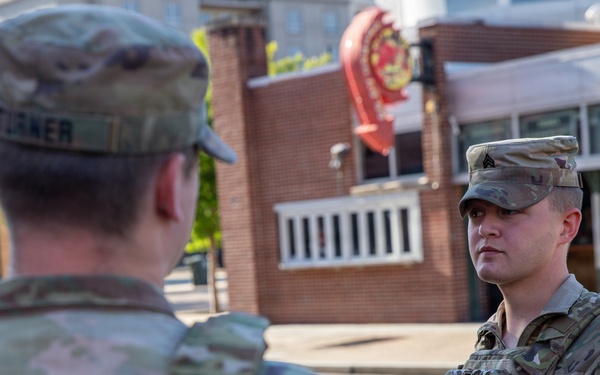 Tennessee National Guard Soldiers assigned to the Memphis Safe Task Force conduct a safety patrol of Beale Street