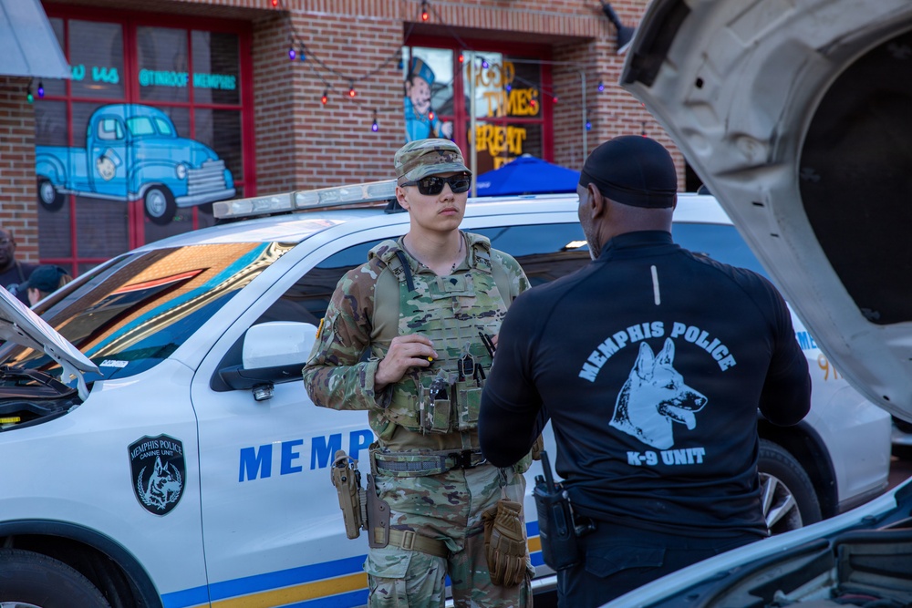 Tennessee National Guard Soldiers assigned to the Memphis Safe Task Force conduct a safety patrol of Beale Street