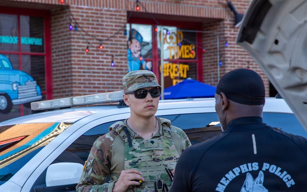 Tennessee National Guard Soldiers assigned to the Memphis Safe Task Force conduct a safety patrol of Beale Street