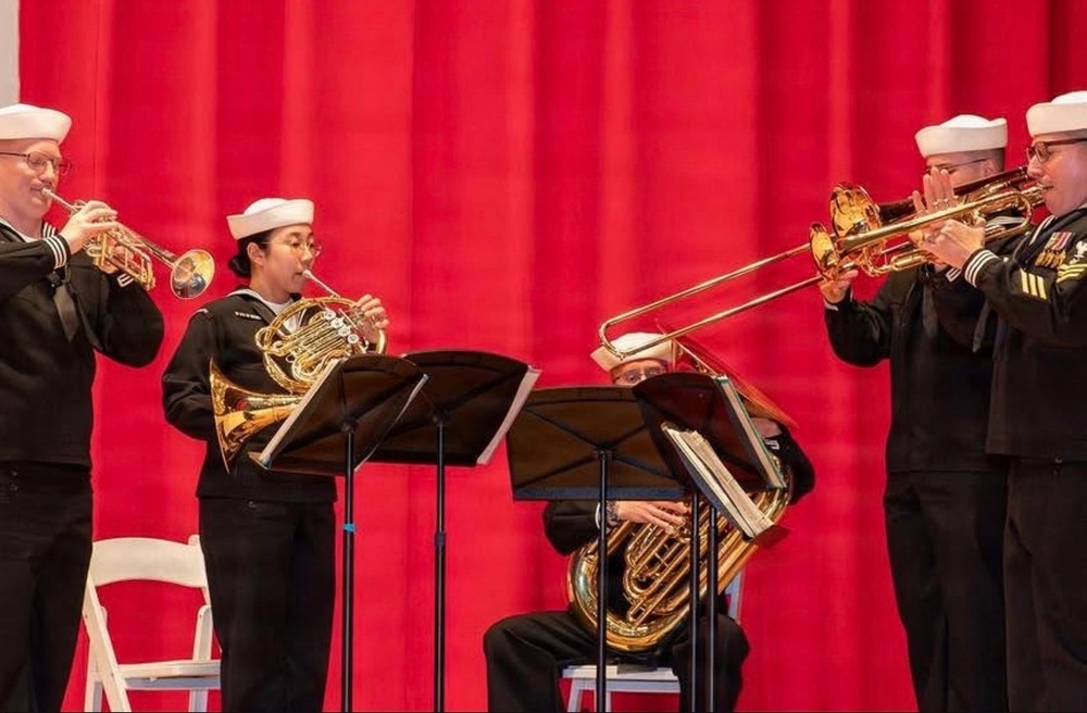 U.S. SEVENTH Fleet Band's Shonan Brass Quintet performs for the USS George Washington Change of Command Ceremony