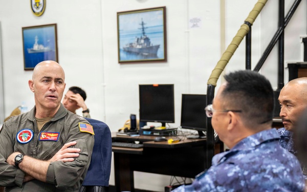 Rear Adm. Eric Anduze, CGS-5/CTF-70 Commander, meets with JMSDF Vice Adm. GOKA Yoshihiro and other JMSDF members during Flag Talks 26-2 at Commander Fleet Activities Yokosuka, Japan