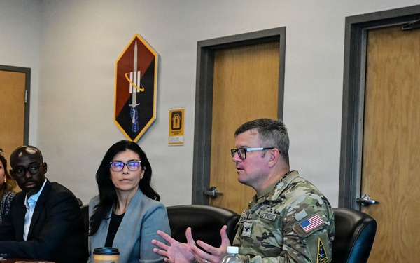 Space Base Delta 3 and regional civic and aerospace leaders conduct a round table discussion during a visit at Los Angeles Air Force Base