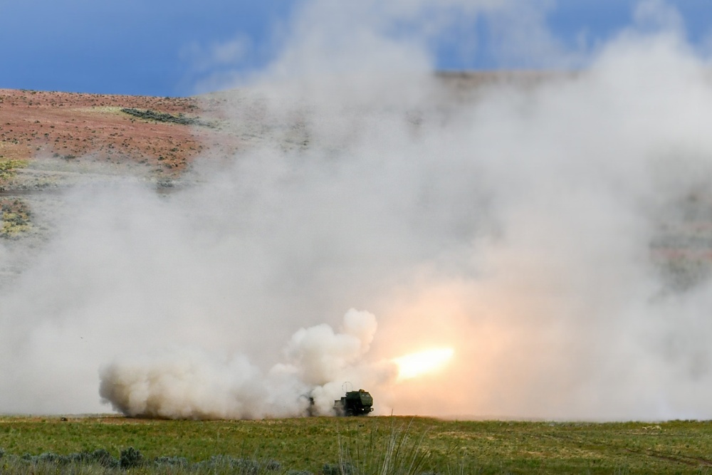 Bravo Battery, 1st Battalion, 94th Field Artillery Regiment, 17th Field Artillery Brigade fires high mobility artillery rocket systems as part of Exercise Tiger Balm 2026