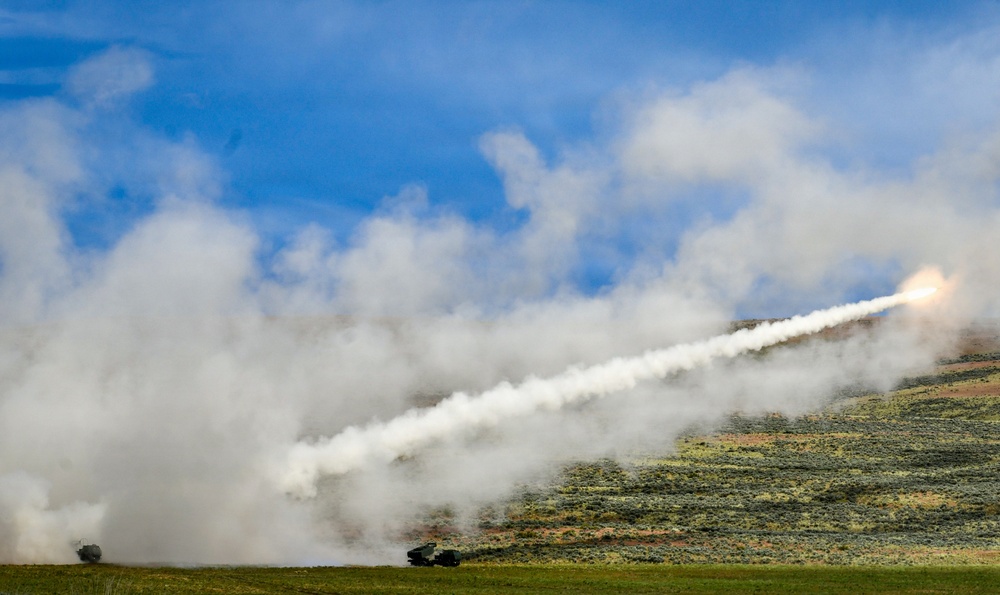 Bravo Battery, 1st Battalion, 94th Field Artillery Regiment, 17th Field Artillery Brigade fires high mobility artillery rocket systems as part of Exercise Tiger Balm 2026