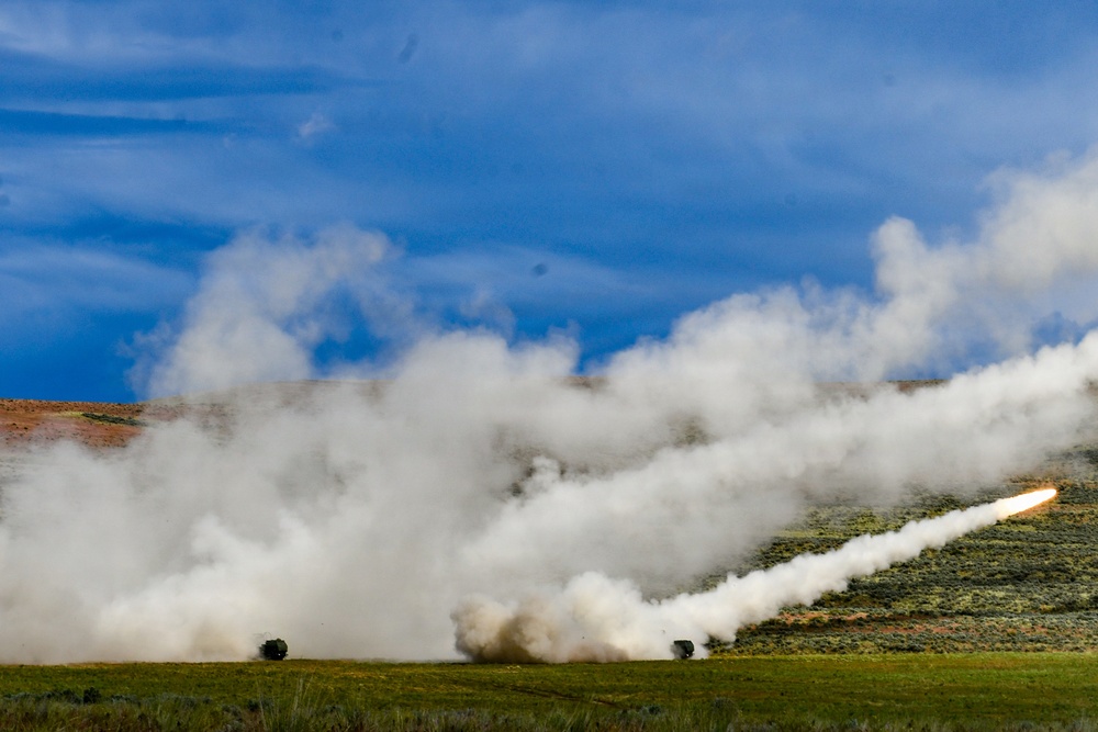 Bravo Battery, 1st Battalion, 94th Field Artillery Regiment, 17th Field Artillery Brigade fires high mobility artillery rocket systems as part of Exercise Tiger Balm 2026