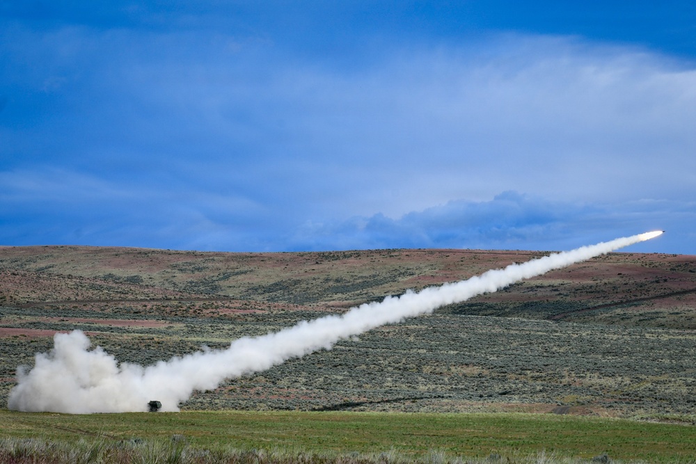 Bravo Battery, 1st Battalion, 94th Field Artillery Regiment, 17th Field Artillery Brigade fires high mobility artillery rocket systems as part of Exercise Tiger Balm 2026