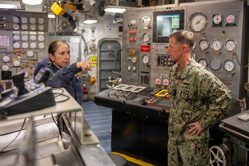 Rear Adm. Tom Shultz, commander, Task Force 76, visits USS Boxer