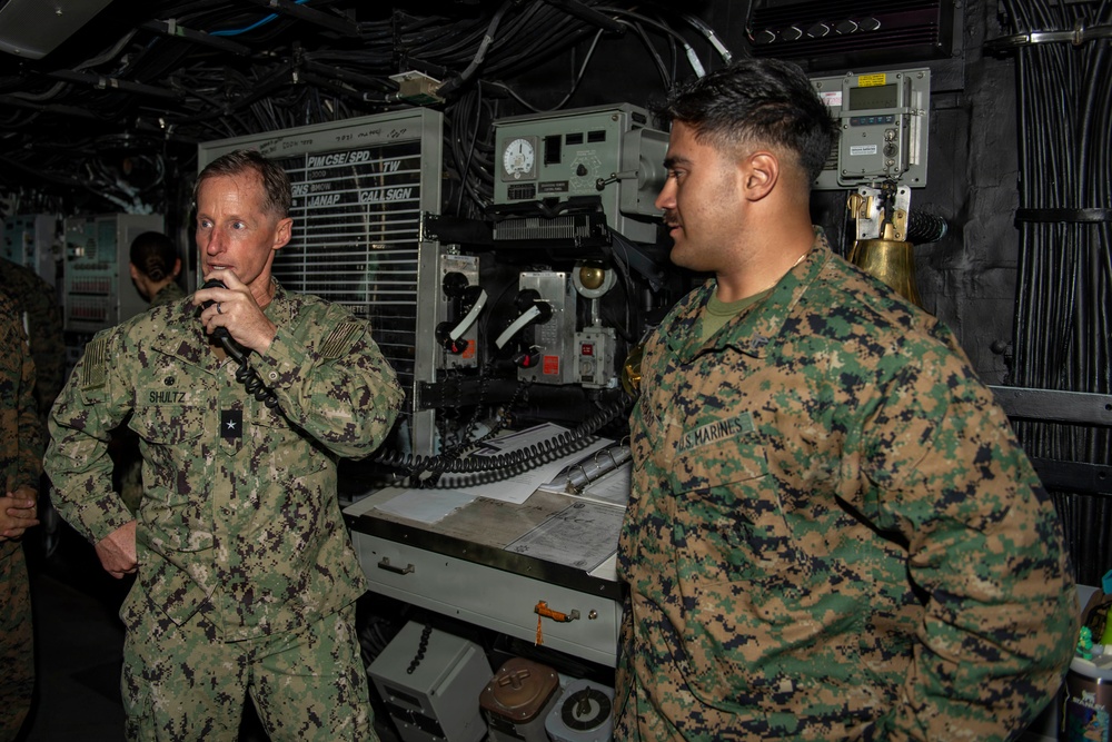 Rear Adm. Tom Shultz, commander, Task Force 76, visits USS Boxer