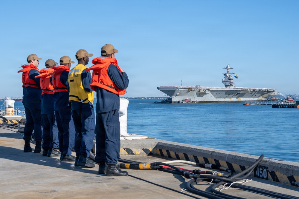 SECWAR, CNO, MCPON welcome home Ford carrier strike group