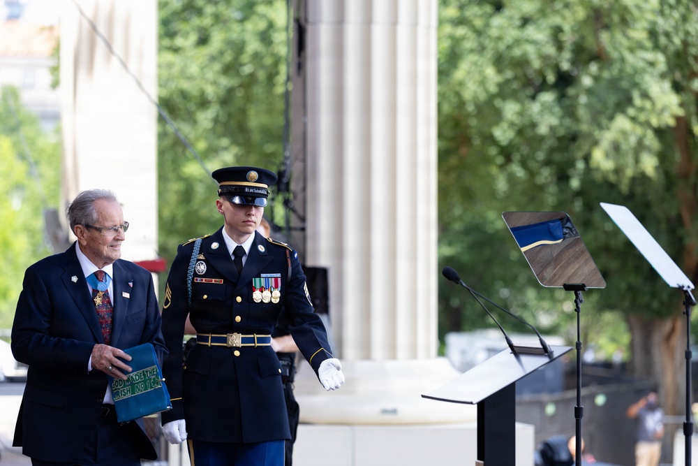 U.S. Army “Old Guard” Soldier escorts Medal of Honor Recipient during Freedom 250 Event