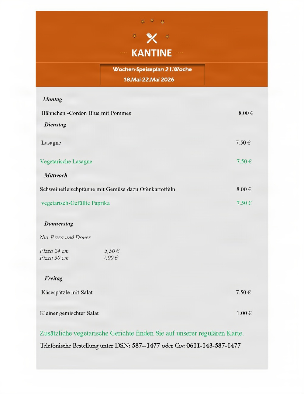 Kantine menu - 18-22 May 2026