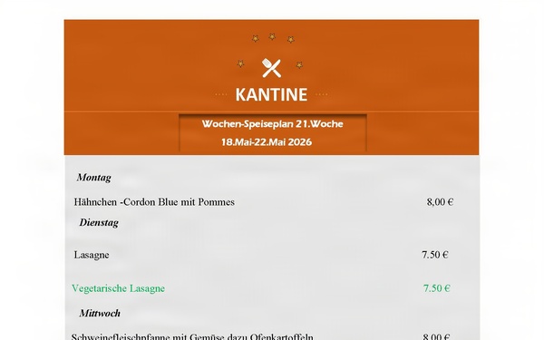 Kantine menu - 18-22 May 2026