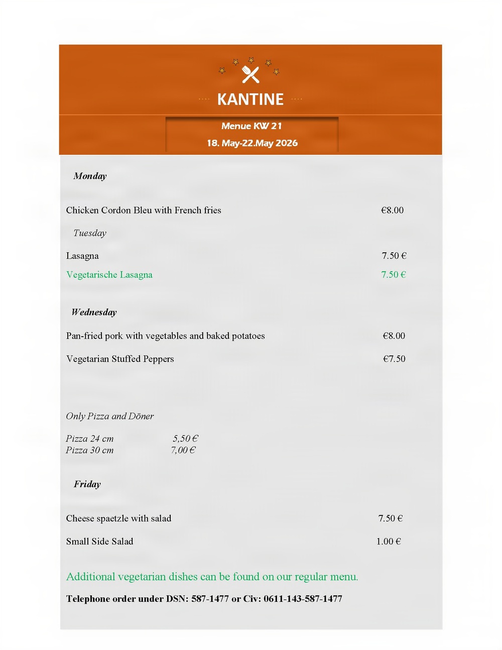 Kantine menu - 18-22 May 2026