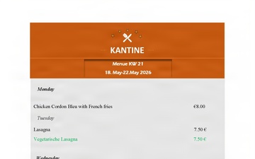 Kantine menu - 18-22 May 2026
