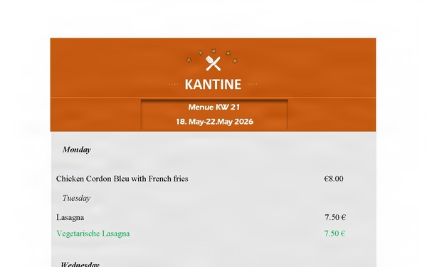 Kantine menu - 18-22 May 2026
