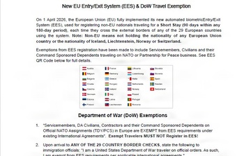 New EU Entry/Exit System (EES) &amp; DoW Travel Exemption