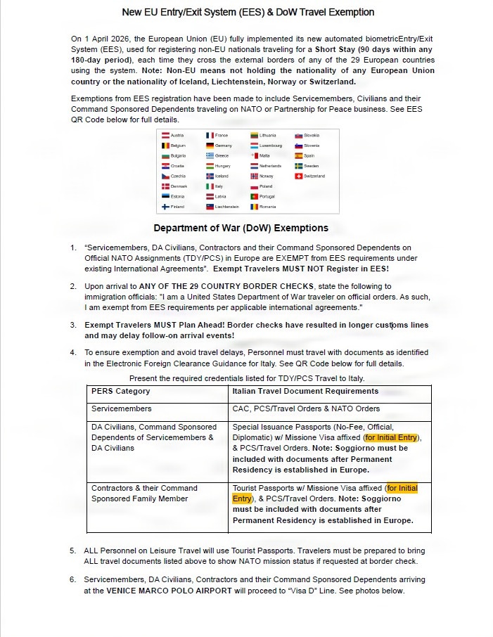 New EU Entry/Exit System (EES) &amp; DoW Travel Exemption